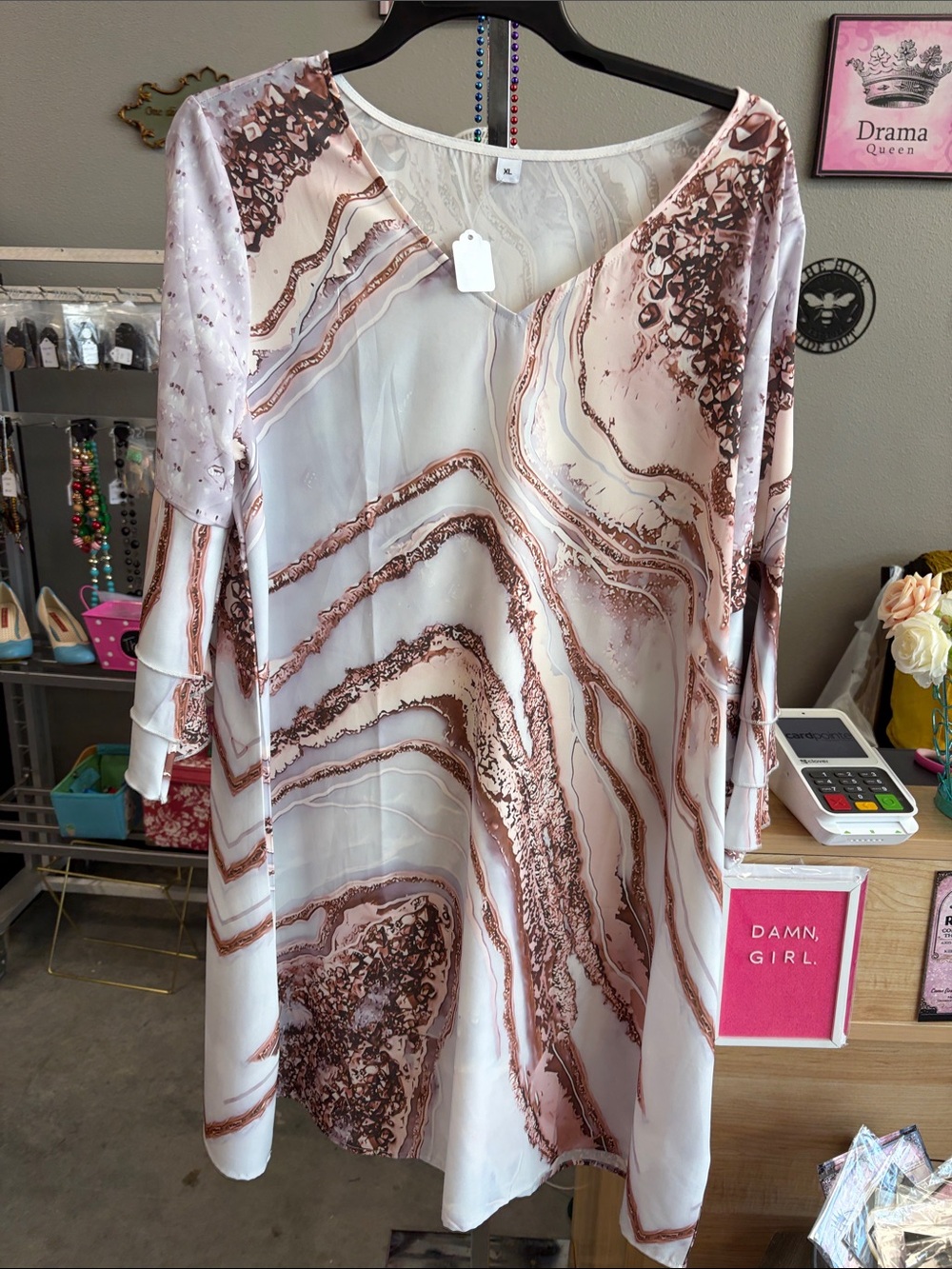 Elegant Marble-Print V-Neck Women's Dress in Blush Brown